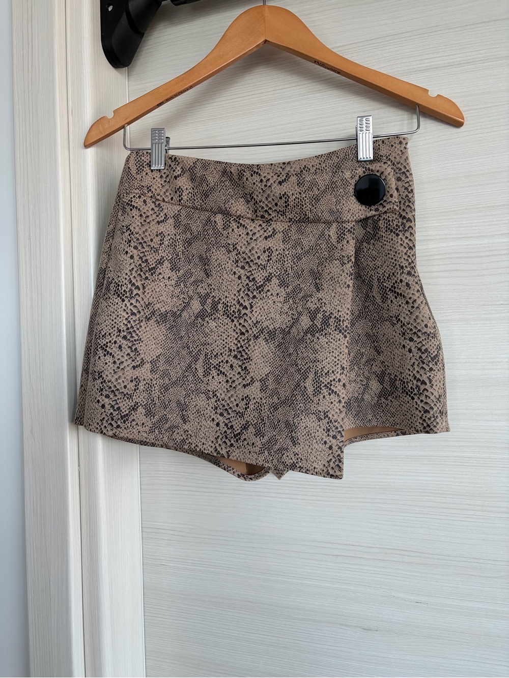 Zara Taupe Snake-Print Wrap Skort with Black Accent Button